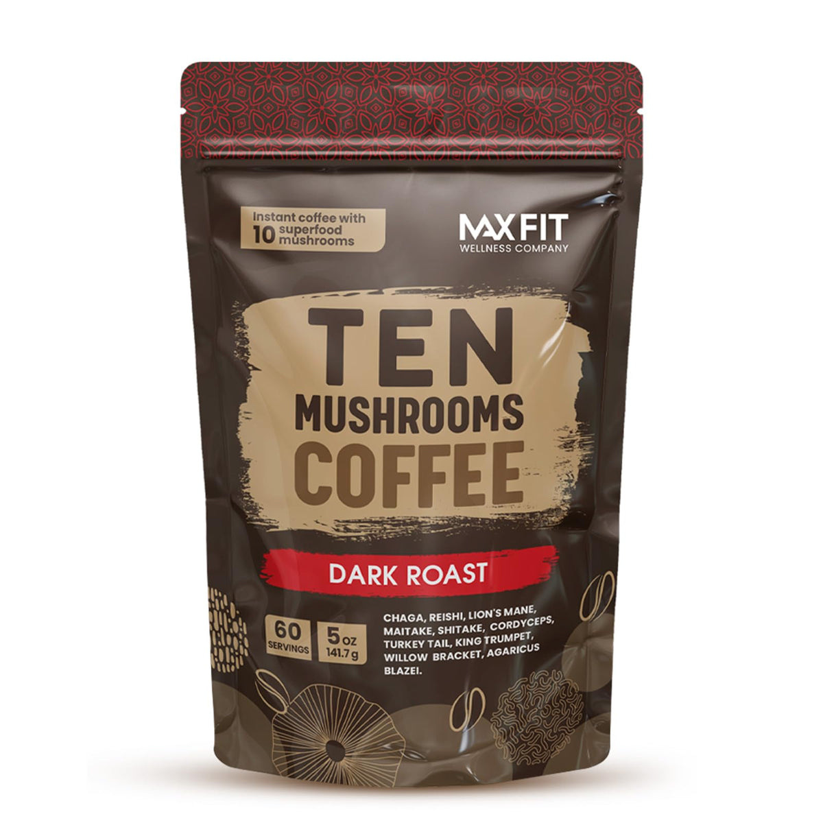 MAX FIT dark roast mushroom coffee packaging shows premium blend for daily energy