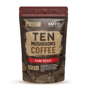MAX FIT dark roast mushroom coffee packaging shows premium blend for daily energy
