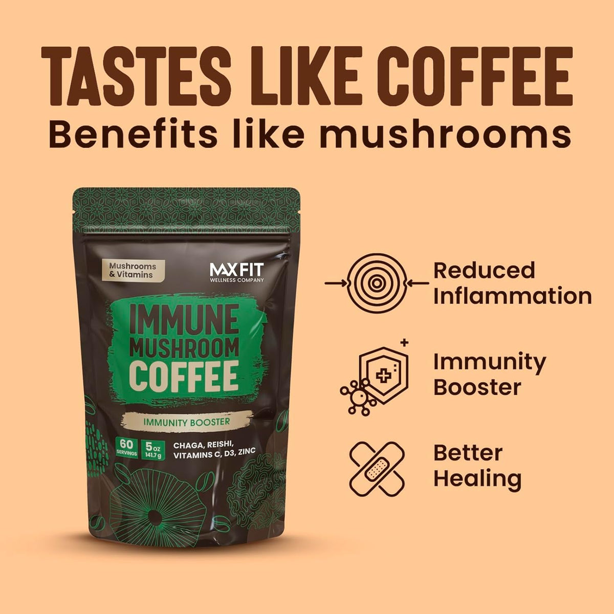 MAX FIT Immunity Mushroom Coffee mug highlights rich flavor and alert mood support.