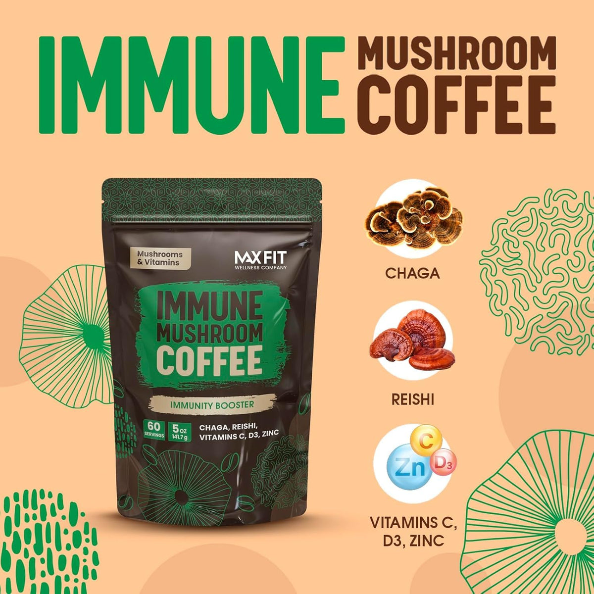 MAX FIT Immunity Mushroom Coffee packaging highlights vitamin-rich blend with zinc and D3.