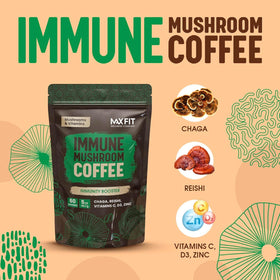 MAX FIT Immunity Mushroom Coffee packaging highlights vitamin-rich blend with zinc and D3.