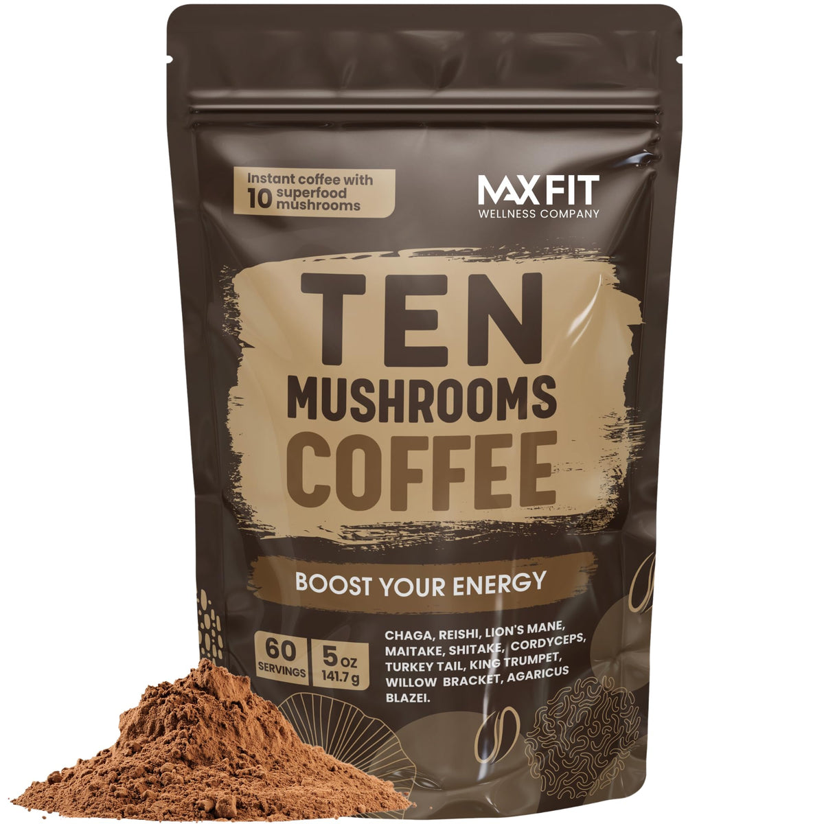 MAX FIT Mushroom Coffee tin packaging for convenient instant blend.