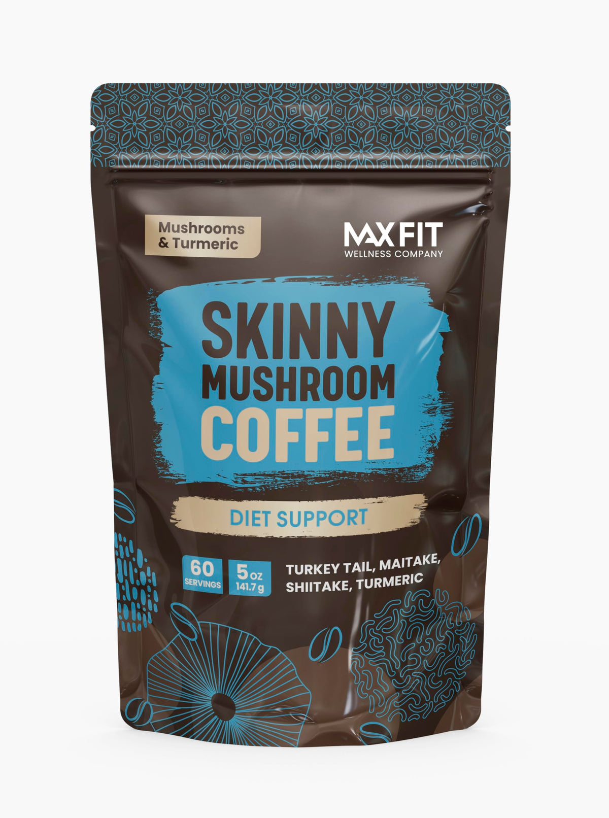 MAX FIT Skinny Instant Mushroom Coffee bottle beside a mug for a convenient focus boost.