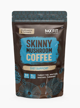 MAX FIT Skinny Instant Mushroom Coffee bottle beside a mug for a convenient focus boost.