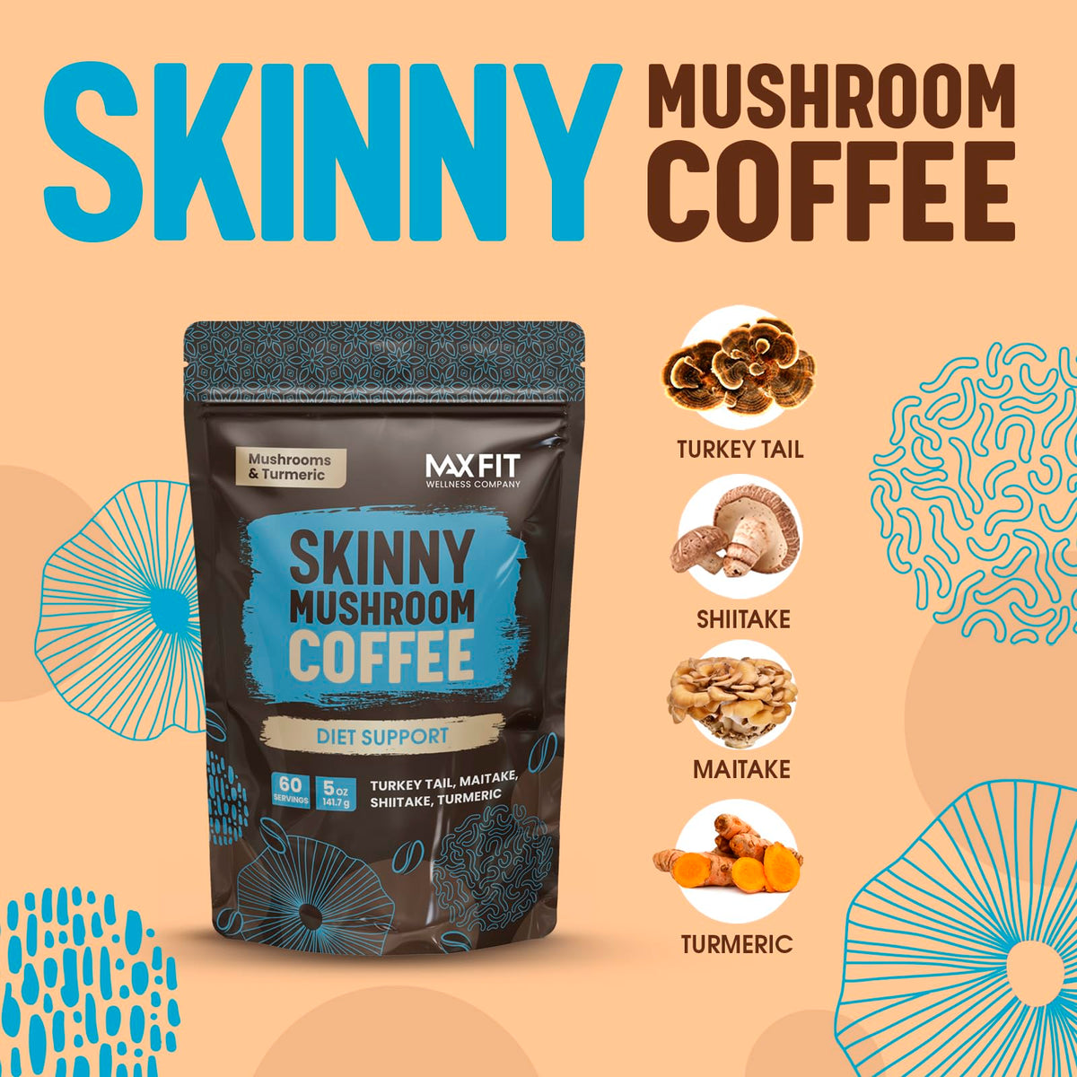 MAX FIT Skinny Instant Mushroom Coffee cup highlighting rich aroma and steady energy.