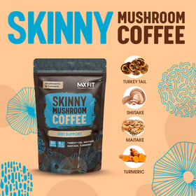 MAX FIT Skinny Instant Mushroom Coffee cup highlighting rich aroma and steady energy.