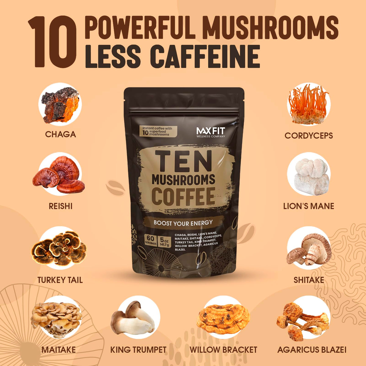 MAX FIT ten-mushroom blend powder for richer brew.