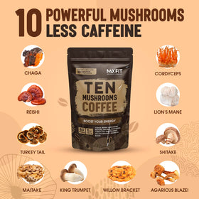 MAX FIT ten-mushroom blend powder for richer brew.
