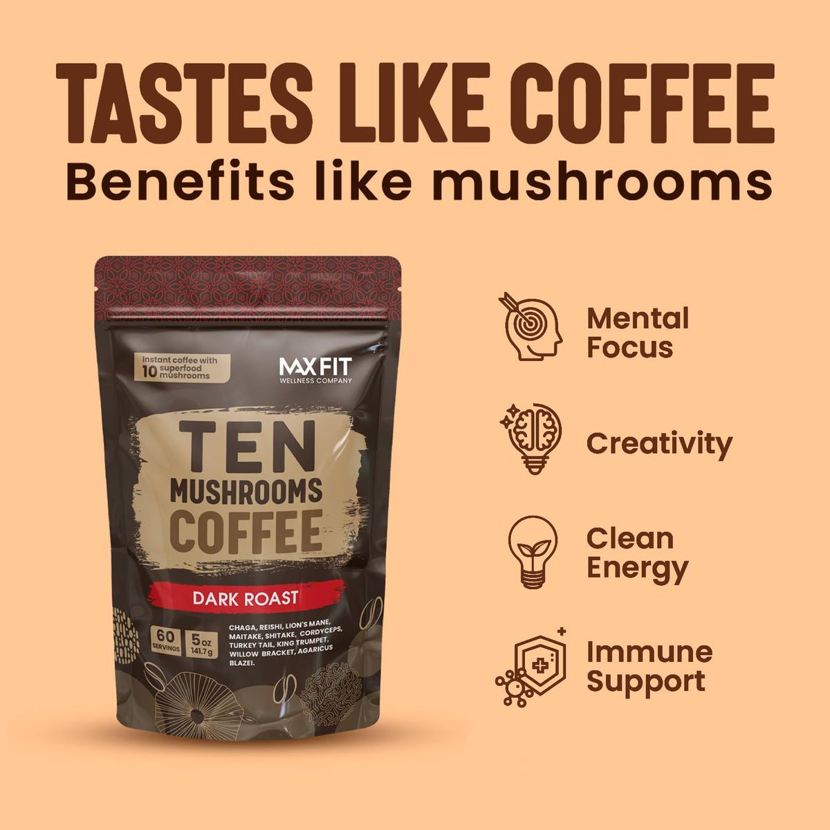 MAX FIT ten-mushrooms ingredient label highlights natural wellness options