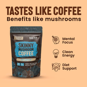 MAX FIT mushroom blend bottle highlights Turkey Tail, Maitake, Shiitake, and Turmeric for energy.