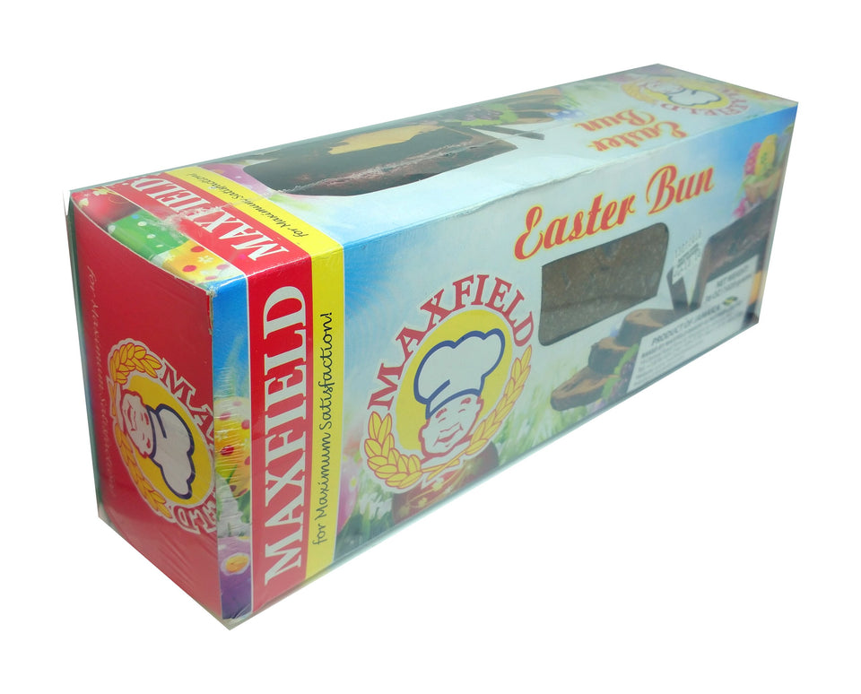 Maxfield Jamaican Easter Bun 36oz box packaging preserves freshness for celebrations.