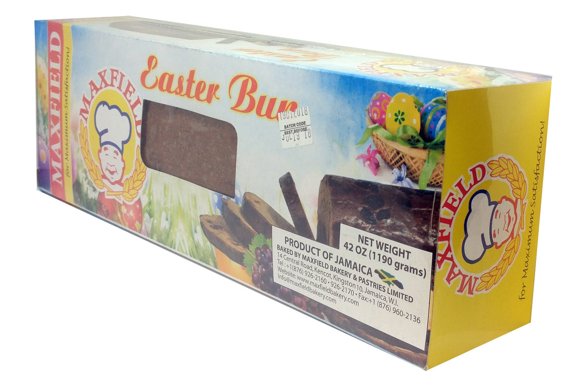 Maxfield Easter bun 42 oz cross-section reveals rich fruit and spice texture.
