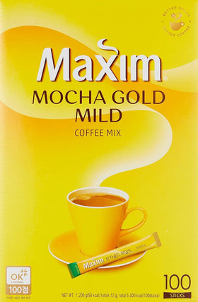 Maxim Mocha Gold Mild Coffee Mix packaging showcases a premium, convenient morning option