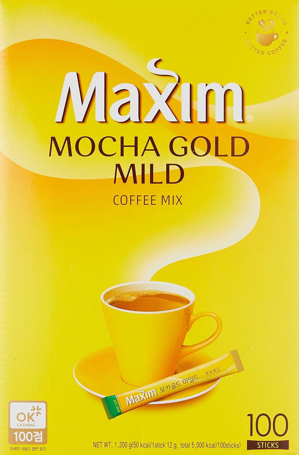 Maxim Mocha Gold Mild Coffee Mix packaging showcases a premium, convenient morning option