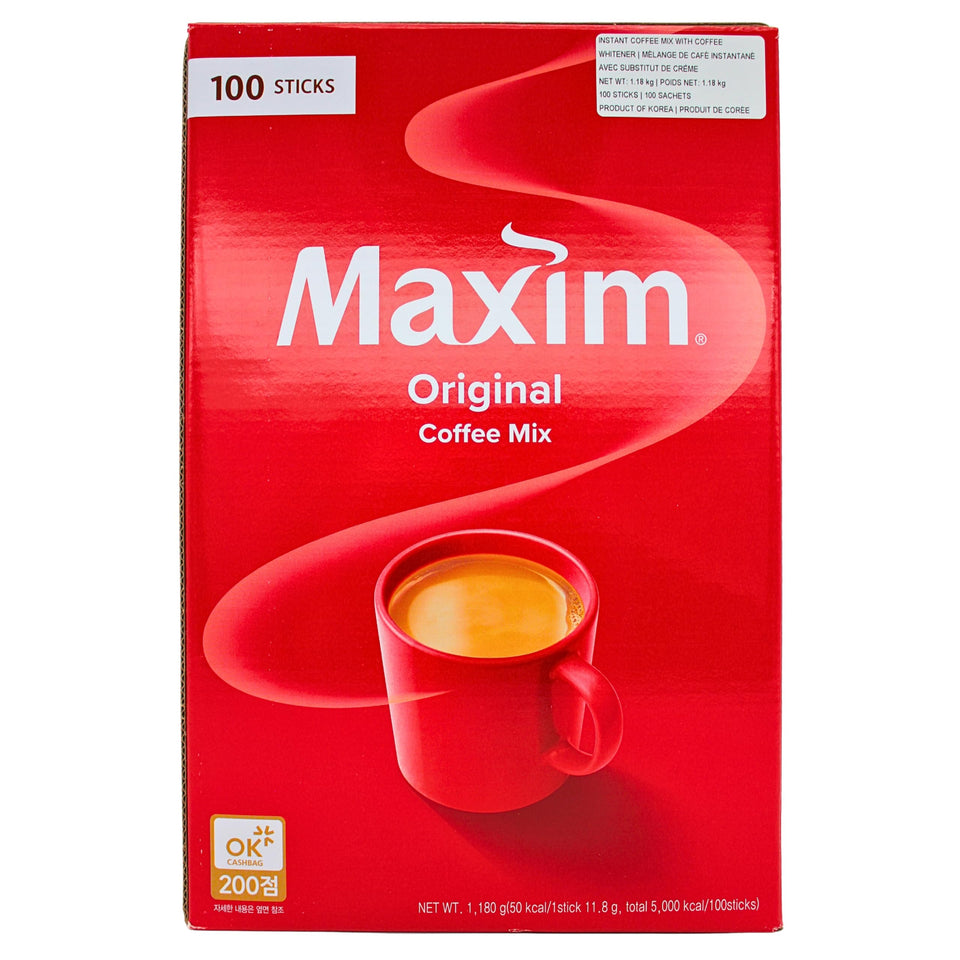 Maxim Original Coffee Mix pack front with 100 sachets for busy mornings.