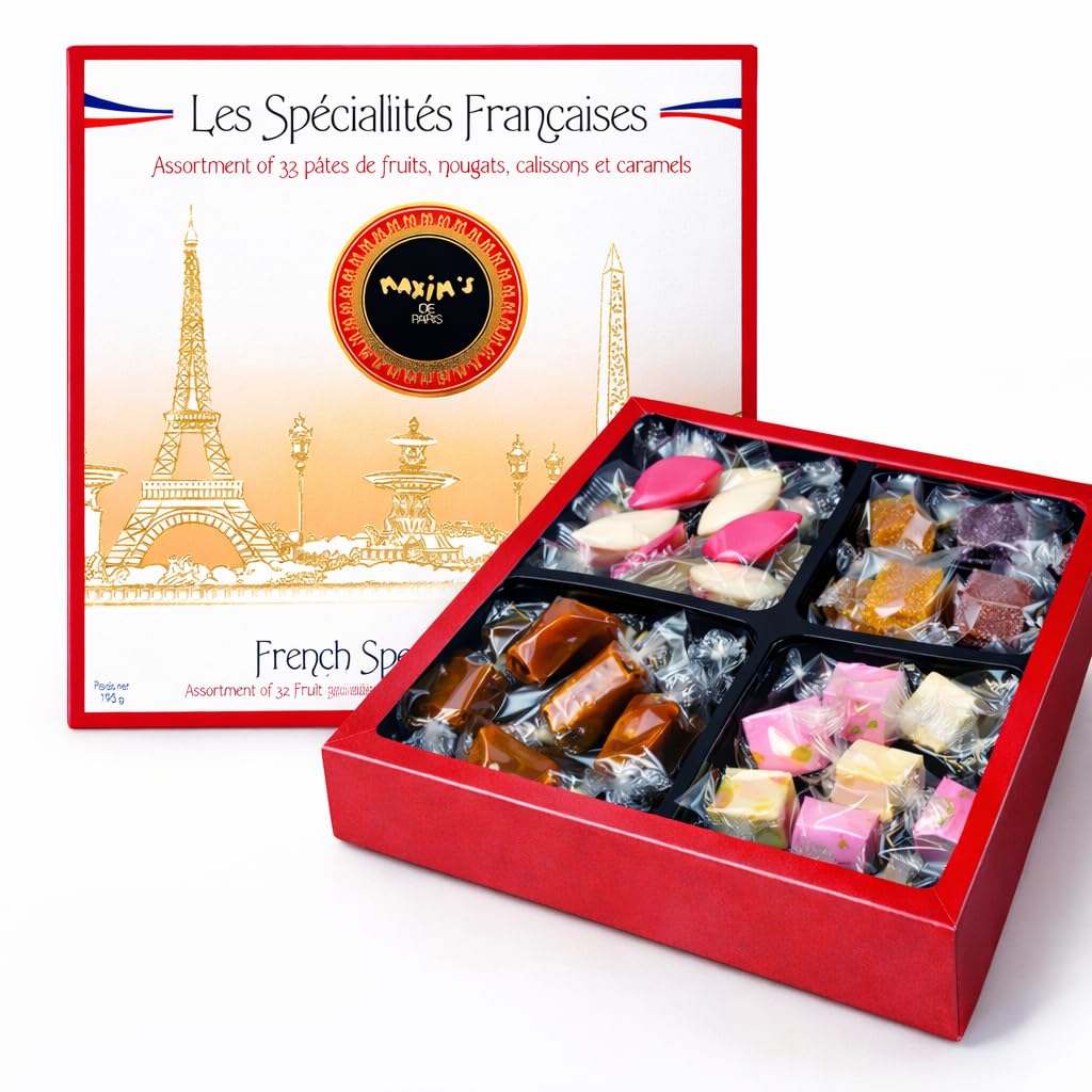 Maxim's de Paris gift box with 32 French sweets, perfect for gifting.