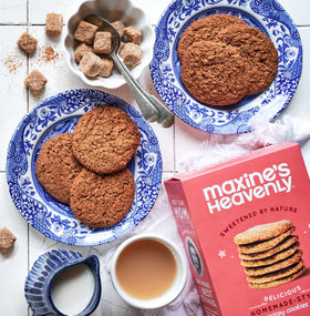 Close-up of Maxine's Heavenly cookies with real cocoa chips, rich flavor.
