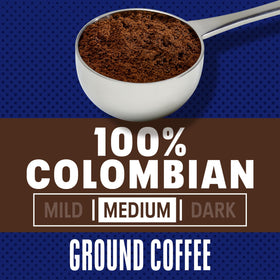 Maxwell House 100% Colombian label close-up emphasizing quality origin.