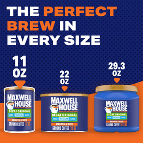 Steaming cup of Maxwell House Original Blend Decaf highlights inviting aroma.