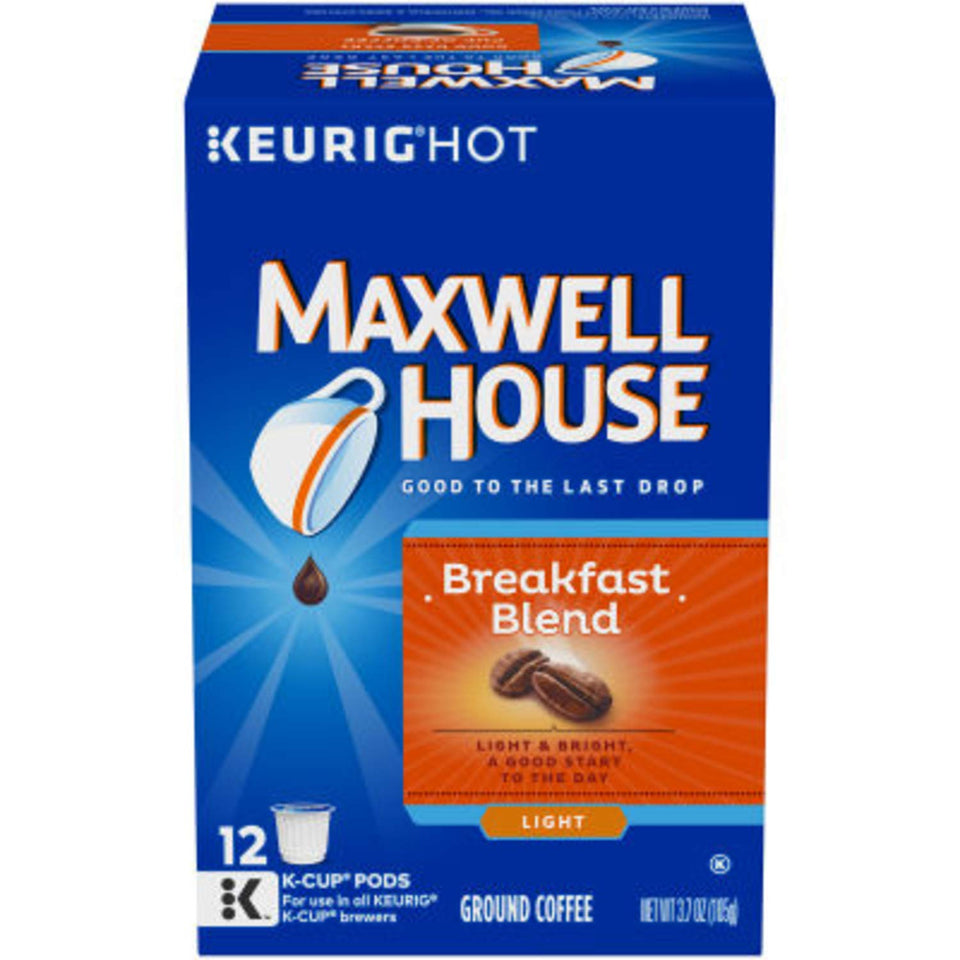 Maxwell House Breakfast Blend K-Cup Pods front view for single serve convenience.