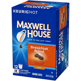 Maxwell House Breakfast Blend K-Cup Pods in a brew tray ready to brew.