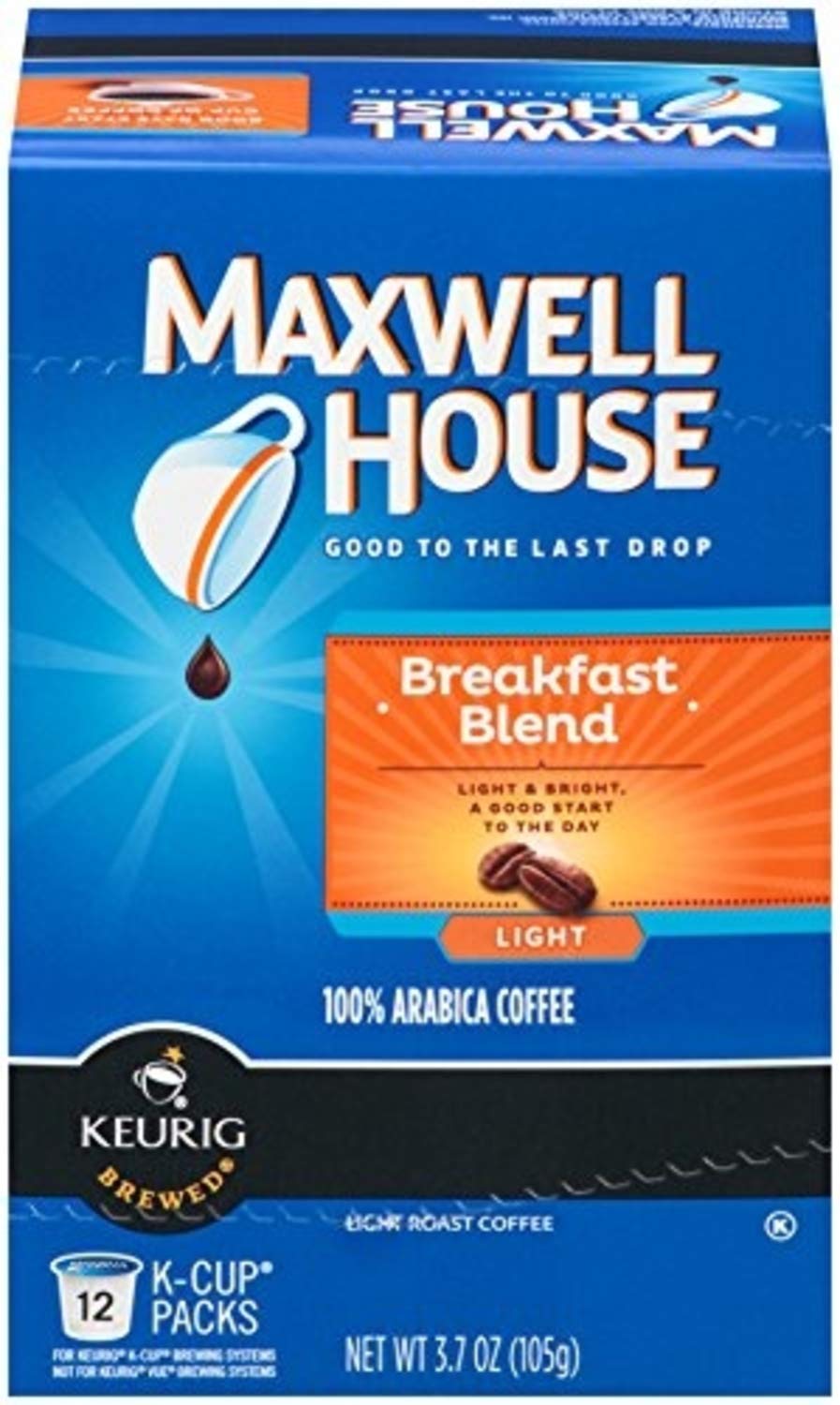 Maxwell House Breakfast Blend K-Cup Pods package on counter for quick mornings.