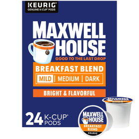 MAXWELL HOUSE Breakfast Blend Light Roast K-Cups in a 24-count box, bright morning brew.