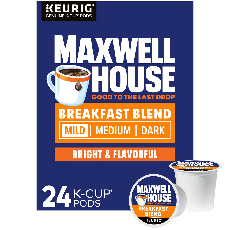 MAXWELL HOUSE Breakfast Blend Light Roast K-Cups in a 24-count box, bright morning brew.