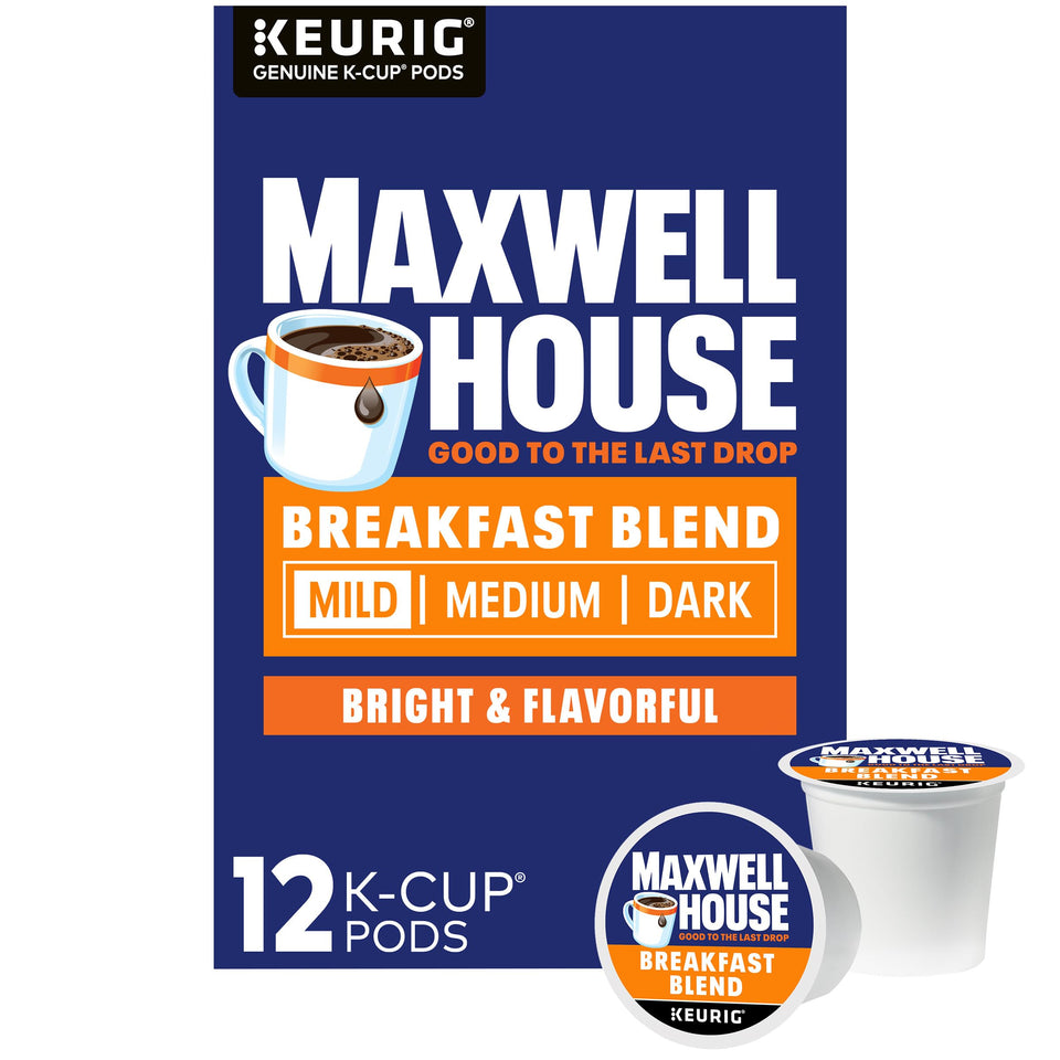 Maxwell House Breakfast Blend light roast pod in box, ready for quick mornings