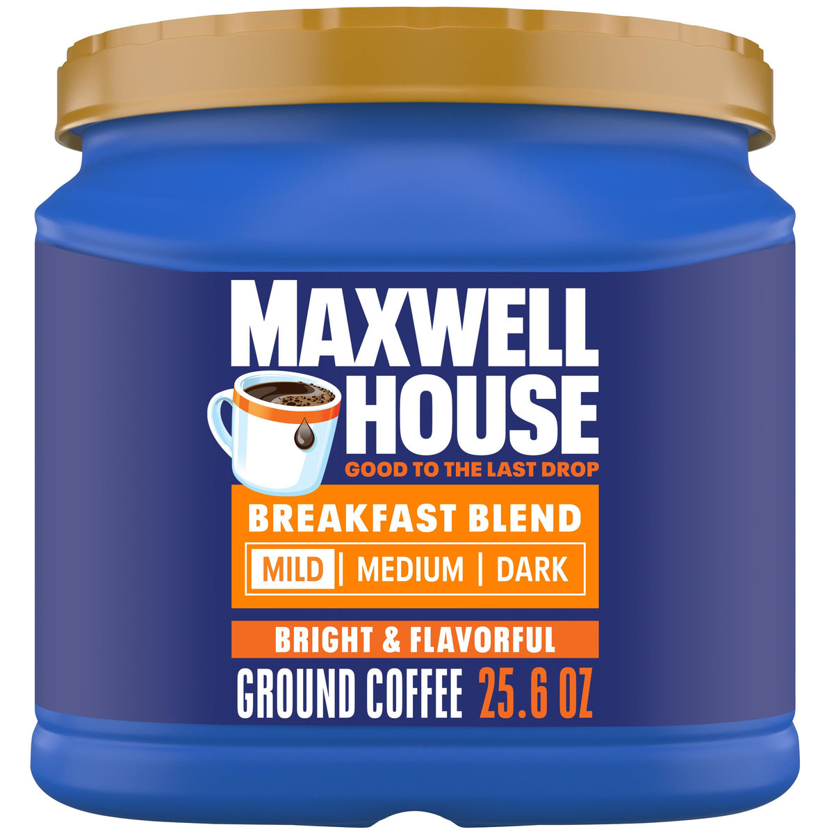 Maxwell House Breakfast Blend mild roast canister ready for use, promoting daily mornings