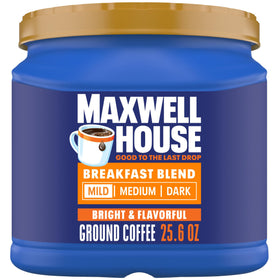 Maxwell House Breakfast Blend mild roast canister ready for use, promoting daily mornings