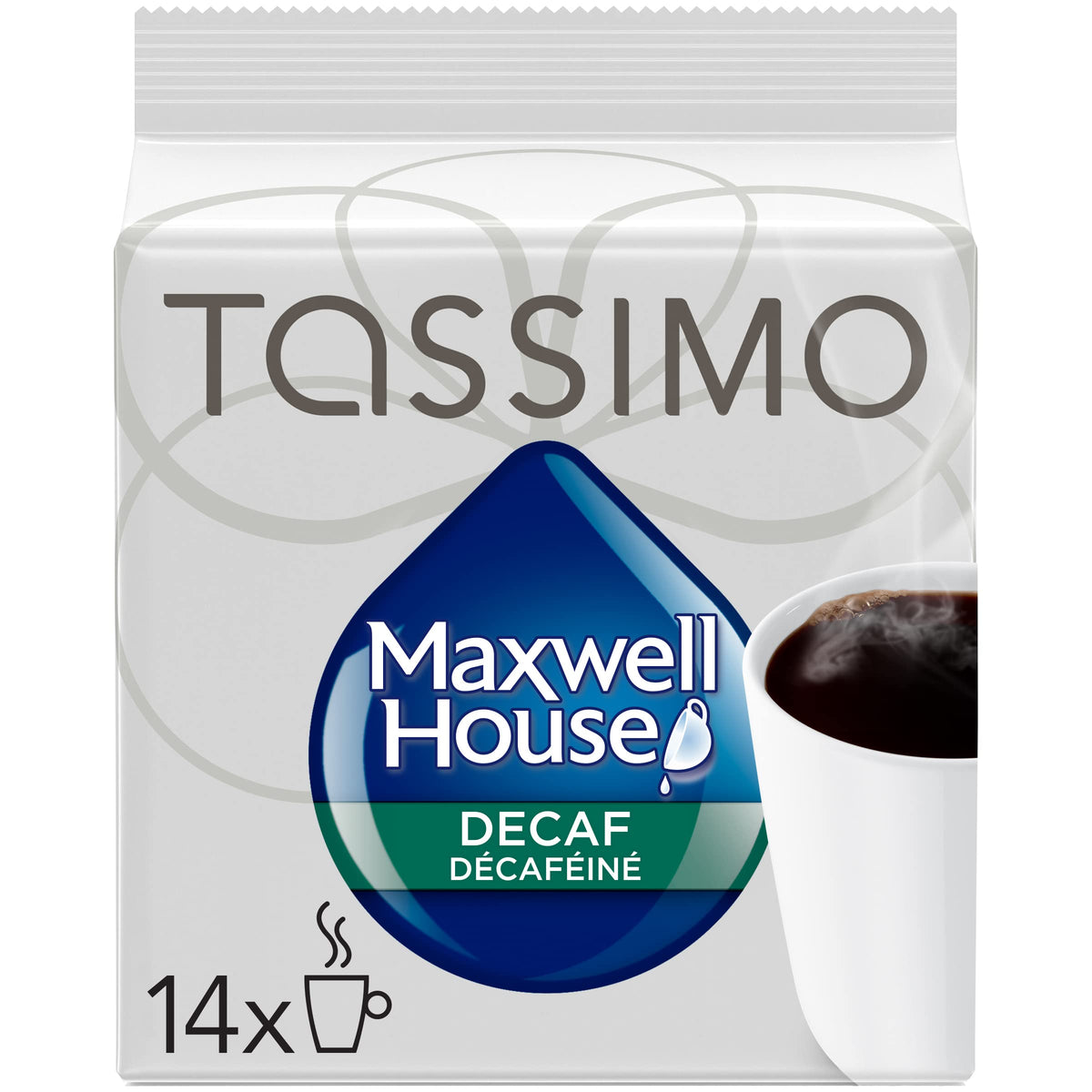 Maxwell House Cafe Collection Decaf T-Discs pack designed for easy Tassimo brewing.