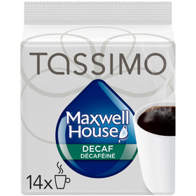 Maxwell House Cafe Collection Decaf T-Discs pack designed for easy Tassimo brewing.