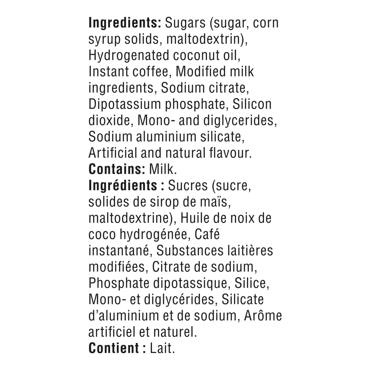 Ingredients layout for Maxwell House Café French Vanilla coffee blend