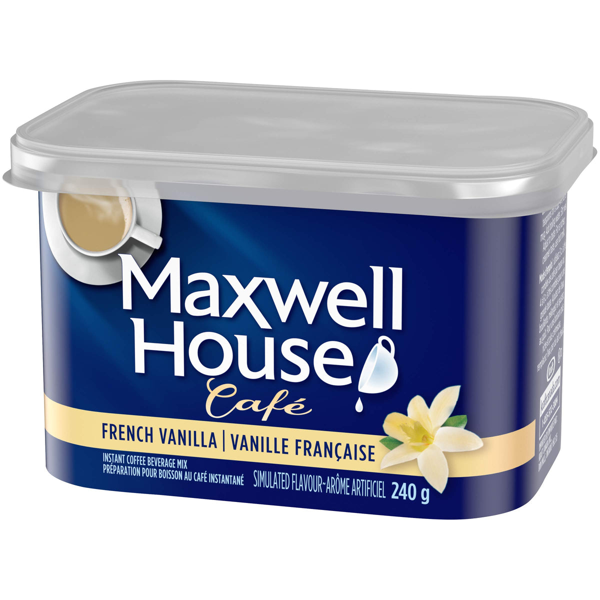 Pouring Maxwell House Café French Vanilla into cup for quick coffee