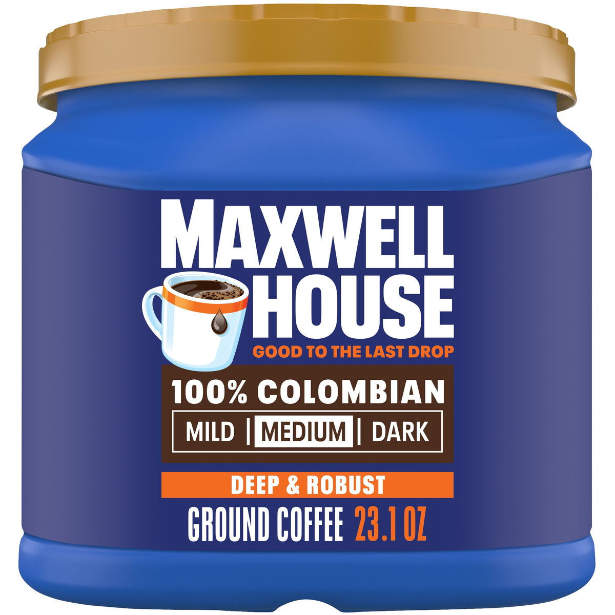 Maxwell House canister front view highlighting the 23.1 oz package for daily use.