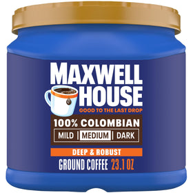 Maxwell House canister front view highlighting the 23.1 oz package for daily use.