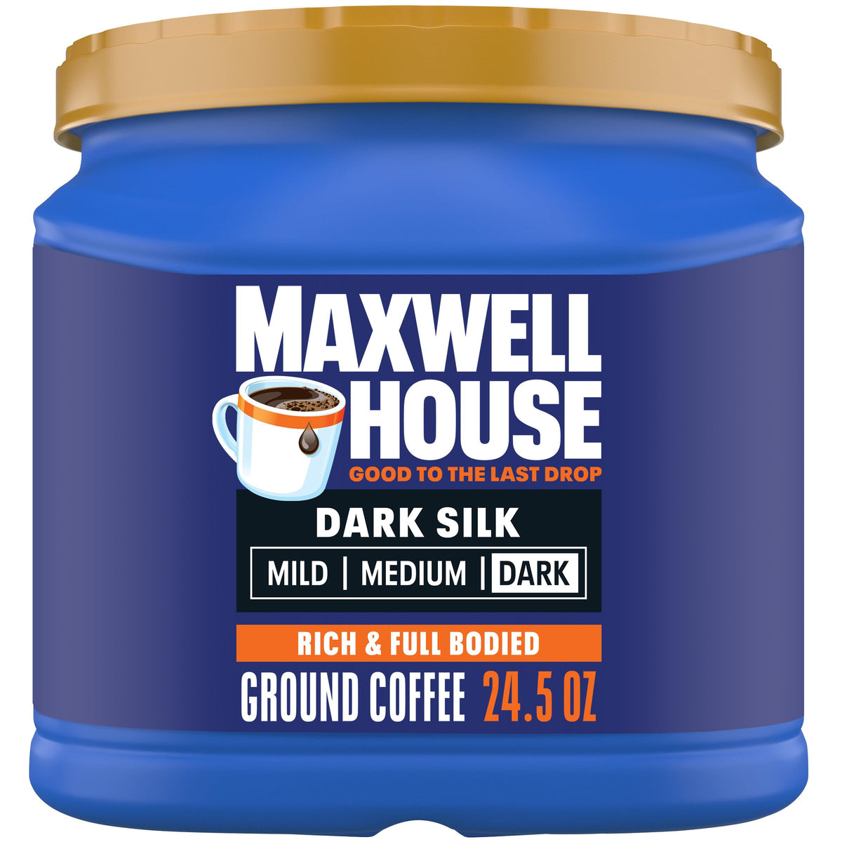 Maxwell House Dark Silk ground coffee canister presenting bold aroma.
