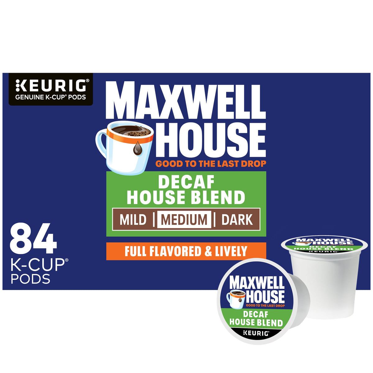 Maxwell House Decaf House Blend 84-count box on shelf, convenient for steady mornings.