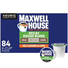 Maxwell House Decaf House Blend 84-count box on shelf, convenient for steady mornings.