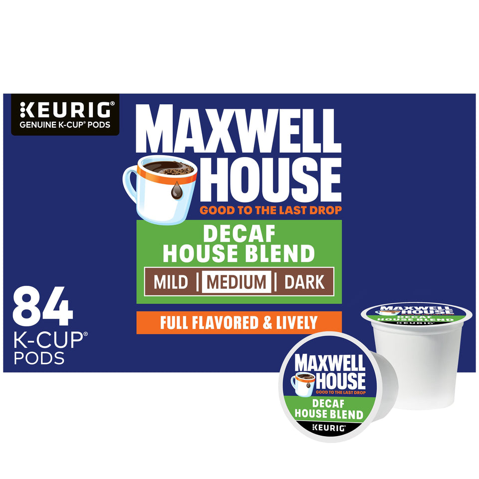 Maxwell House Decaf House Blend 84-count box on shelf, convenient for steady mornings.