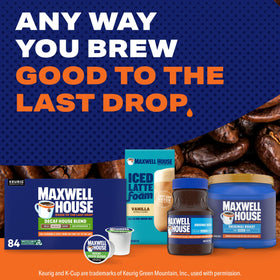 In-store Maxwell House Decaf display highlights 84-count box for busy routines.