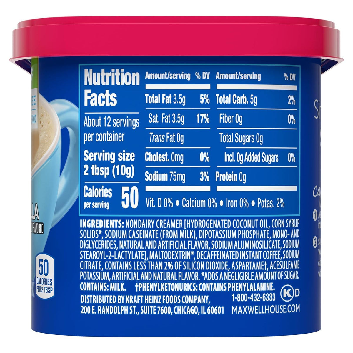 Maxwell House sugar-free decaf instant coffee cup ready in minutes with hot water.