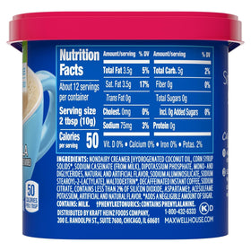 Maxwell House sugar-free decaf instant coffee cup ready in minutes with hot water.