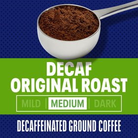 Maxwell House decaf medium-roast Arabica and Robusta beans delivering balanced flavor.