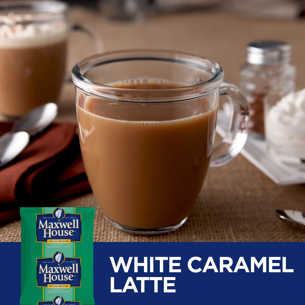 Maxwell House decaf box with 42-pack display, ideal for offices and hotels.
