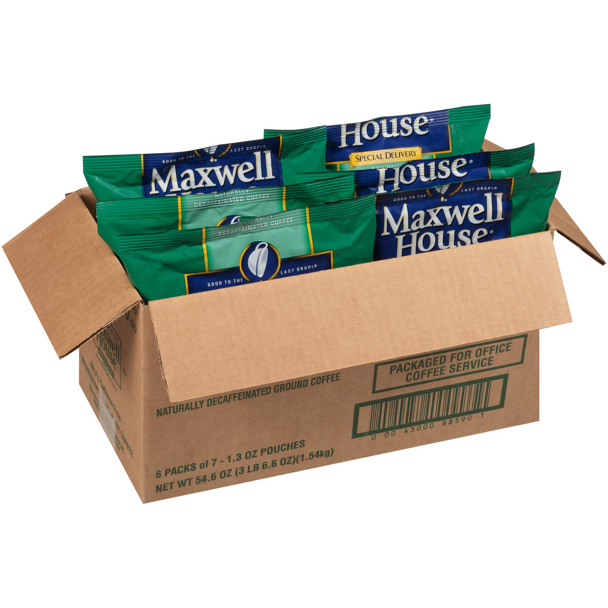 Morning break setup featuring Maxwell House decaf Special Delivery packets for easy use.