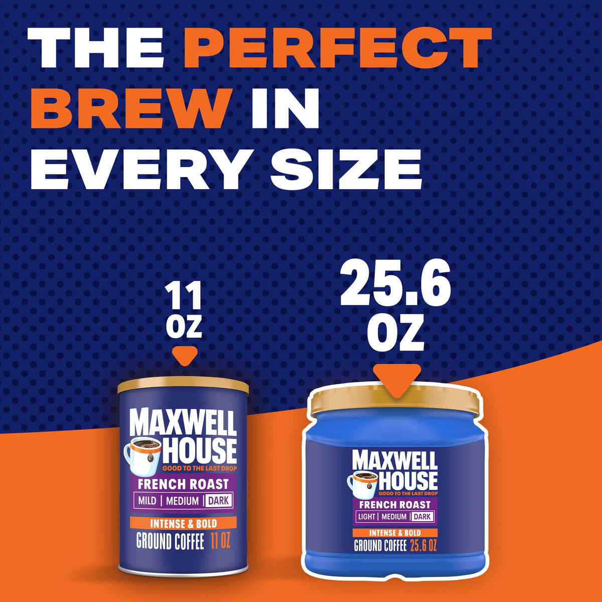 Maxwell House French Roast 25.6 oz canister on a coffee counter for easy daily brew