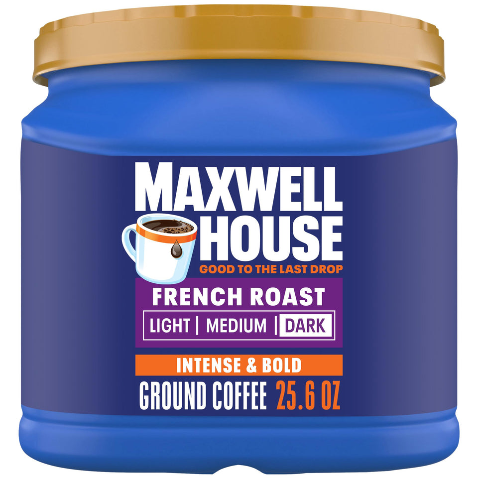 Maxwell House French Roast canister front view highlighting bold, consistent flavor