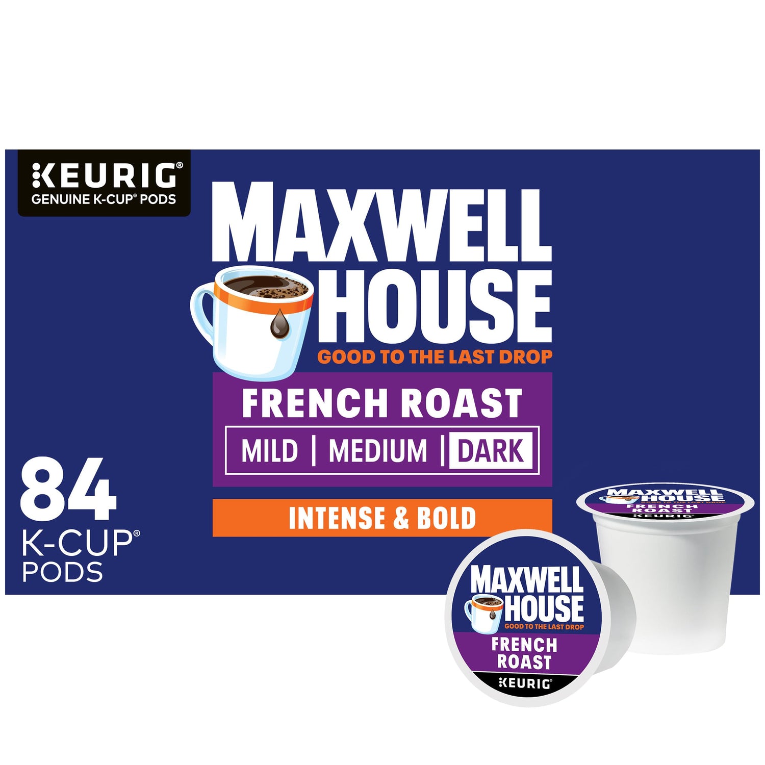 Maxwell House French Roast K-Cup box front highlighting bold flavor.